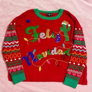 Women’s Red Glitter Feliz Navidad Christmas Sweater with Jingle Bells Size XL